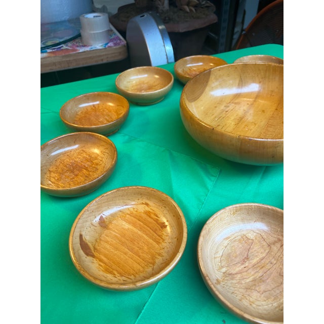 Rustic European 1970s Collection of Stamped Sterling Silver Pedestal Wooden Bowl With Serving Dishes - Set of 12 For Sale - Image 3 of 12