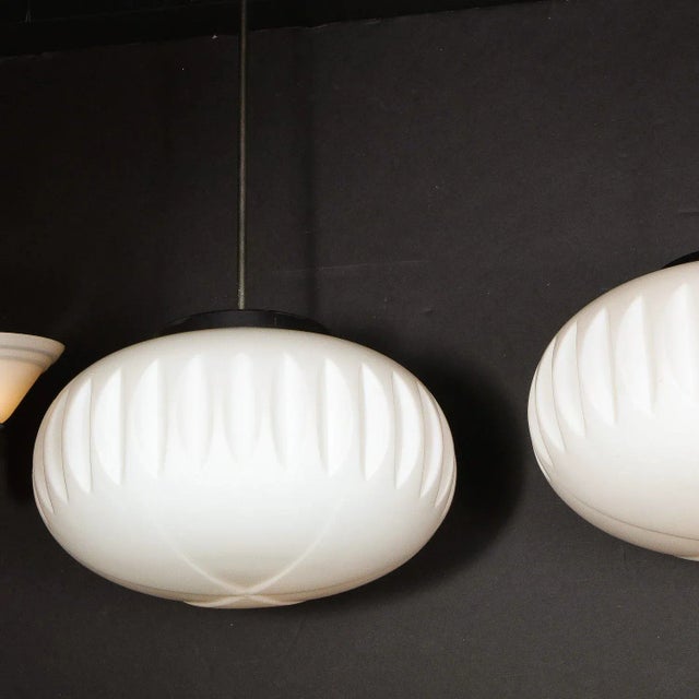 Pair of Mid-Century Modern Chandeliers in Frosted Glass, Black Enamel & Chrome For Sale - Image 12 of 12