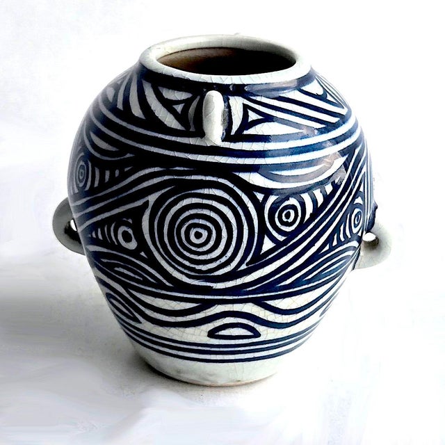 Ceramic Vintage Studio Pottery Hand Painted Crackle Glaze Hanging Vase For Sale - Image 7 of 10