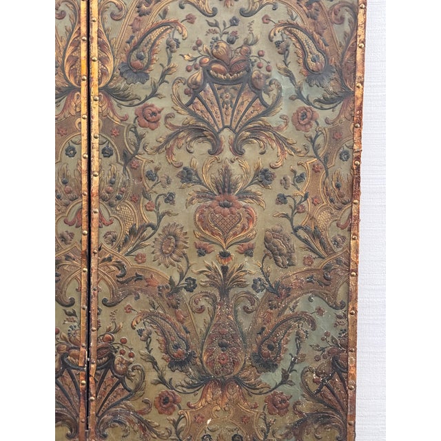 19th Century Embossed Leather Four-Panel Screen For Sale - Image 4 of 10