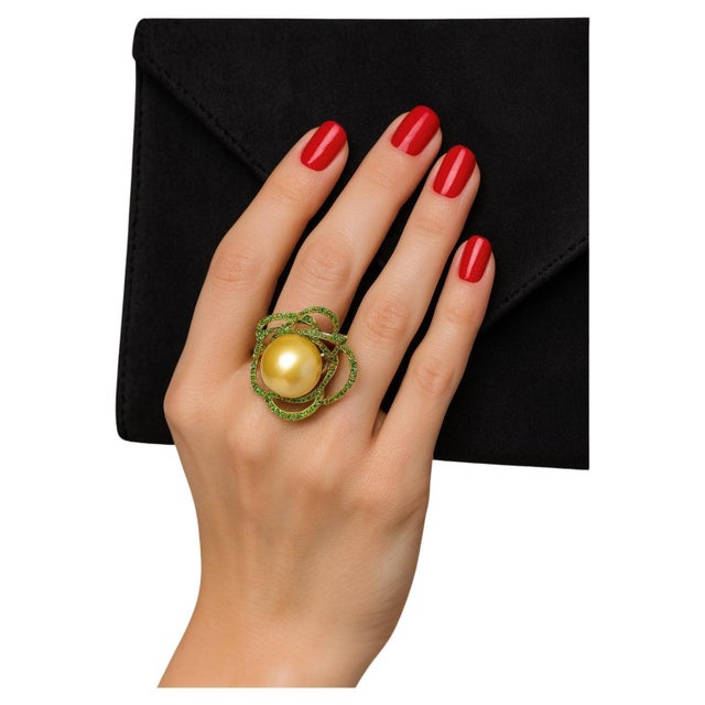 Bochic “Orient” Vintage South Sea Pearl & Emerald Ring Set 18K Gold & Silver For Sale - Image 4 of 10