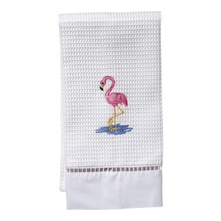 Flamingo Guest Towel - White Waffle Weave, Ladder Lace, Embroidered For Sale
