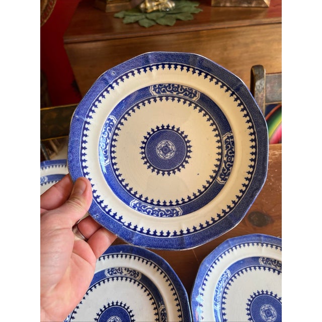 11 Antique Blue Transfer Decorated 8 1/4" Plates, "Dagger Border" by J. Wedgwood For Sale - Image 6 of 12