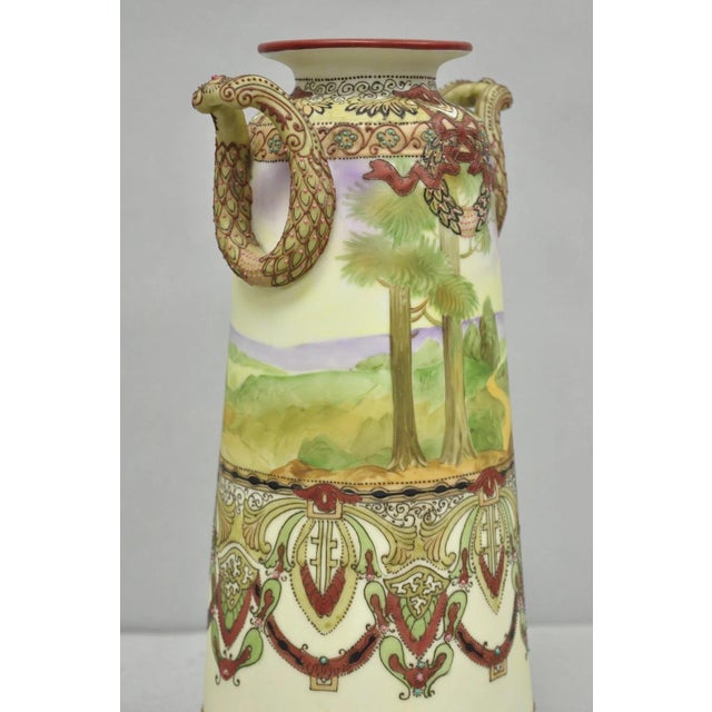 Antique Nippon Hand Painted Porcelain Countryside Moriage Tall Twin Handle Vase For Sale - Image 11 of 18