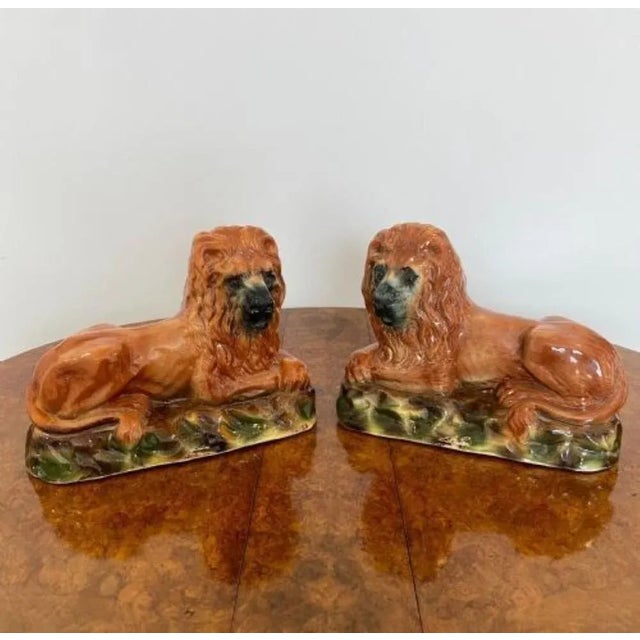 Late 19th Century Victorian Staffordshire Lions, 1880s, Set of 2 For Sale - Image 5 of 7
