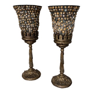 1990s Metal and Shell Decorative Candle Sticks - a Pair For Sale