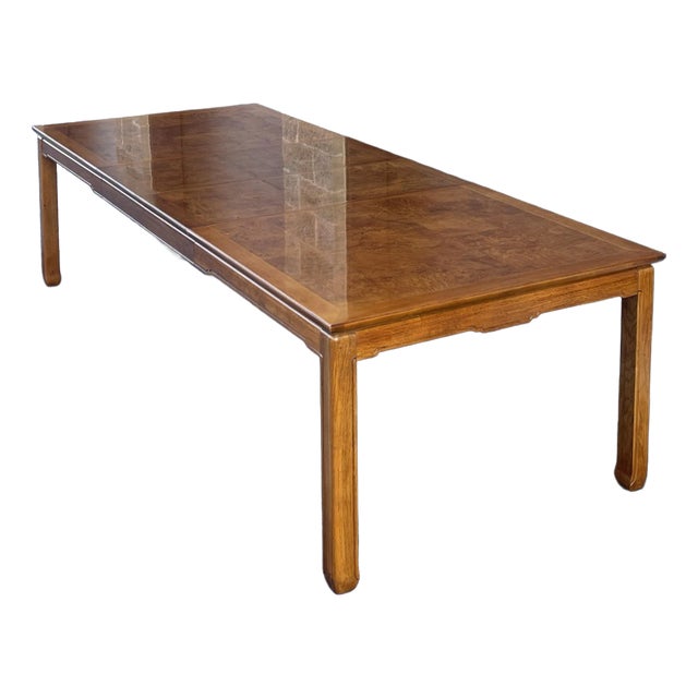 Vintage Thomasville Mystique Asian Chinoiserie 108" Burl Top Dining Table & Leaves For Sale