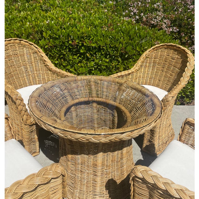 Champagne Vintage Woven Rattan Wicker Dining Set, Coastal Style With Braided Trim After Bielecky Brothers For Sale - Image 8 of 17