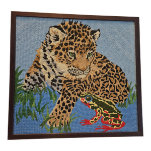 Vintage Baby Cheetah/Frog Handcrafted Needlepoint Framed Art