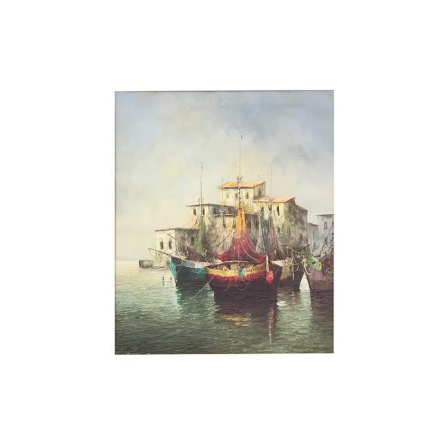 Eleonore Guinther oil on canvas harbor scene. Born March 30, 1947 near the banks of Germany's River Ruhr, daughter of the...