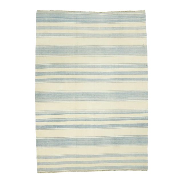 Vintage Dhurrie Rug With Blue and Cream Stripes | Rug & Kilim For Sale