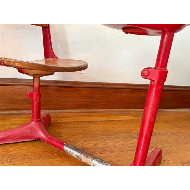 Mid Century Red Metal Children's School Desk With Attached Wood Seat For Sale - Image 9 of 10