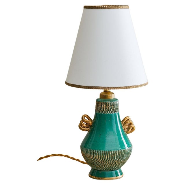 1950s 1950s French Green Ceramic Table Lamp with Gilt Accents For Sale - Image 5 of 18