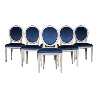 Antique French Louis XVI Style Painted Dining Chairs W/ Dark Blue Velvet - Set of 6 For Sale
