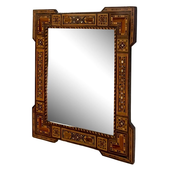 Moroccan Antique Marquetry Wood Inlaid Mirror Frame For Sale - Image 3 of 4