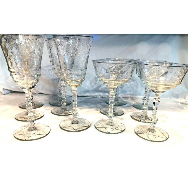 Traditional Vintage Etched Crystal Wine & Cocktail Glasses – Set of 12 For Sale - Image 3 of 3