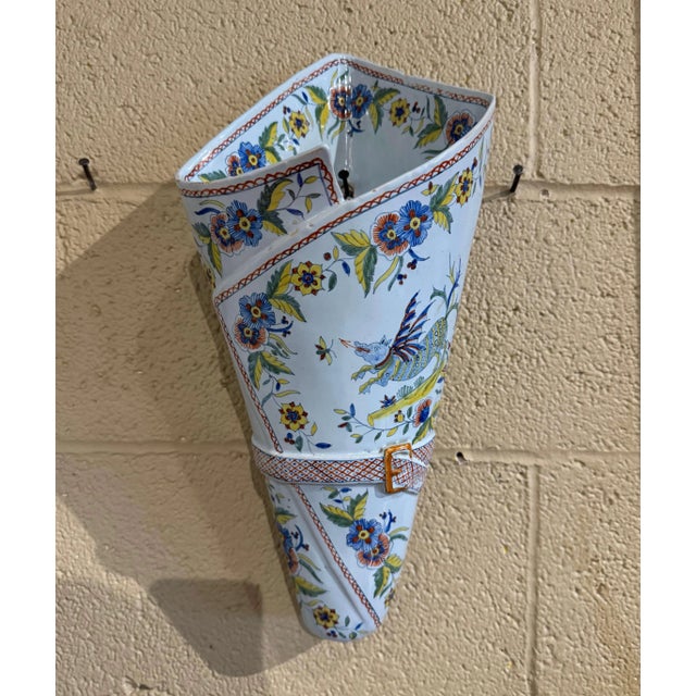 19th Century French Porquier-Beau Quimper Hand-Painted Faience Wall Pocket For Sale - Image 4 of 7