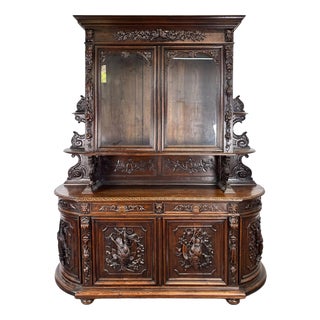 Henri II Style 2-Body Hunting Buffet in Carved Oak with Glass Top For Sale