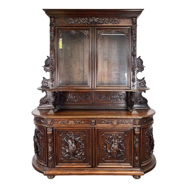 Henri II Style 2-Body Hunting Buffet in Carved Oak with Glass Top For Sale