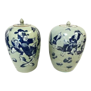 Vintage Chinoiserie Hand Painted Celedon and Blue Lidded Ceramic Ginger Jars- a Pair
