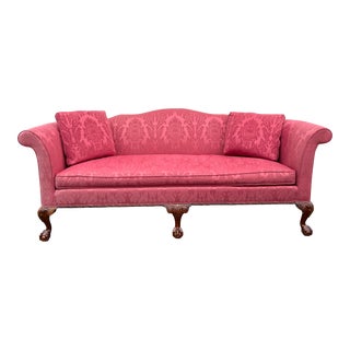 Vintage Hickory Chair Co. Bright Pink Chippendale Camelback Sofa With Mahogany Ball and Claw Feet For Sale
