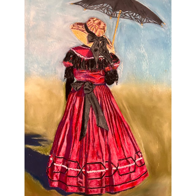 Victorian 1990s Original Oil Pastel Art Victorian Lady Red Dress Black Parasol Signed Cramer For Sale - Image 3 of 5