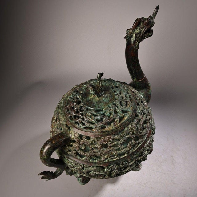 Chinese Monumental Vintage Bronze Bird & Beast Incense Burner – Archaic Style Censer With Inscription For Sale - Image 3 of 10