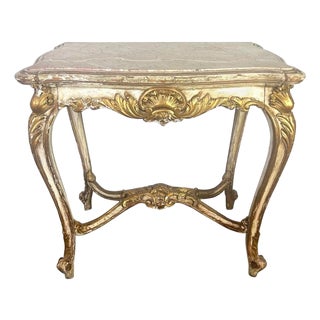 19th C. French Painted & Parcel Gilt Table W/ Marble Top For Sale