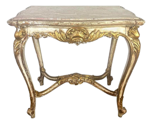 19th C. French Painted & Parcel Gilt Table W/ Marble Top