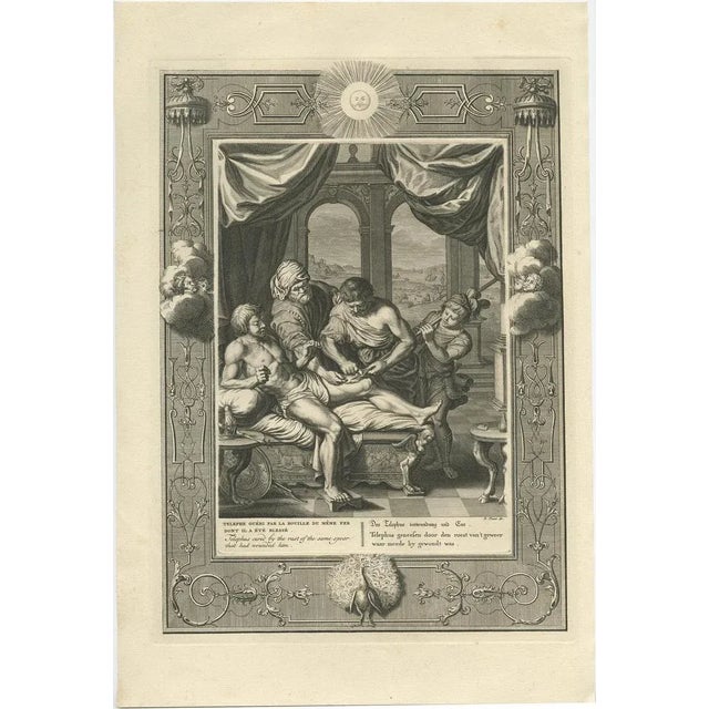 Antique print titled 'Telephe Guéri par la Rouille (\.)'. This print depicts Telephus cured by the rust of the same spear...