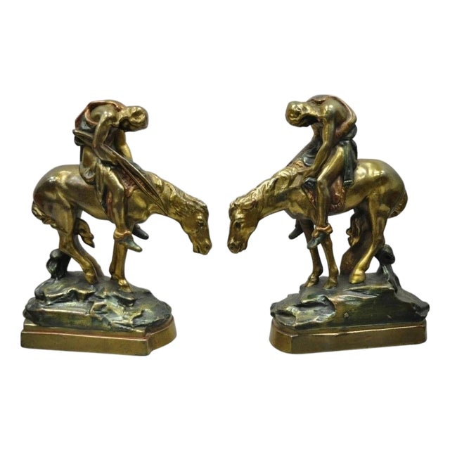 Vintage Bronze Clad 8" End of Trail Indian on Horse Figure Bookends - A Pair For Sale