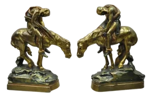 Vintage Bronze Clad 8" End of Trail Indian on Horse Figure Bookends - A Pair