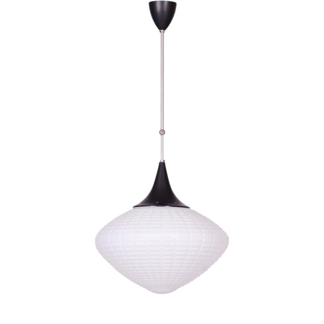 Mid-Century Chandelier in Chromed Steel and Opaline Glass, Czech, 1960s For Sale