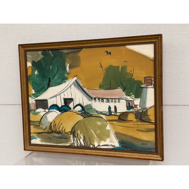 Framed vintage mid twentieth century gouache and watercolor on paper farm scene by listed artist and San Jose State...