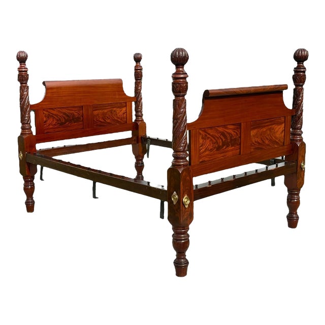 Early American Antique Federal Period Mahogany Acanthus & Pomegranate Carved Bed For Sale