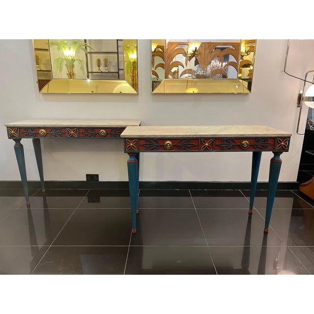 Italian Painted Wrought Iron Console Tables with Marble Tops, 1900s, Set of 2 For Sale - Image 4 of 12