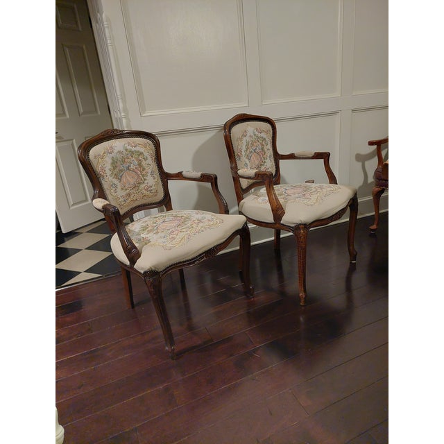 Louis XV Style Carved Wood Arm Chairs With Floral Tapestry Upholstry For Sale In Philadelphia - Image 6 of 8