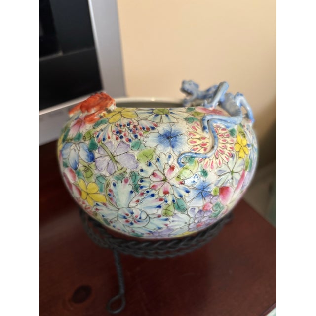 Ceramic Vintage Chinese Porcelain Dragon Bowl Famille Rose Floral Jardiniere For Sale - Image 7 of 9