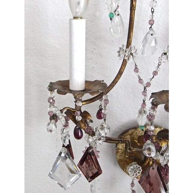 1940s Italian Gilt Metal Crystal Beaded Amethyst Wall Sconces - a Pair For Sale - Image 9 of 13
