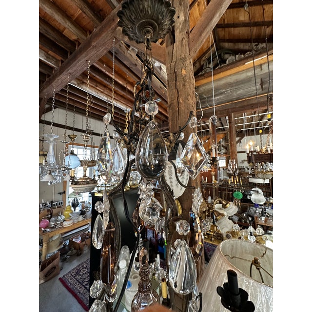 American Vintage Ornate Six Arm Brass and Crystal Chandelier For Sale - Image 3 of 12