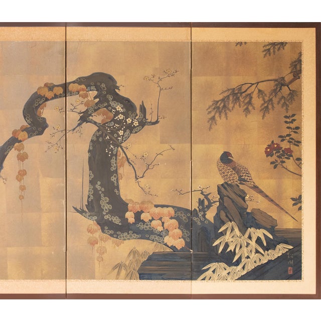 "Pheasant and Sakura", Pre-1964 Showa Era Japanese Painted Byobu Screen For Sale - Image 4 of 18