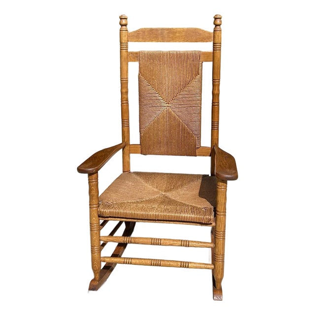 Extra Large Adult, Rush-Woven Seat and Backrest, Solid Oak, Turned Legs and Spindles, Wide Arm Rests, 1960’s, For Sale