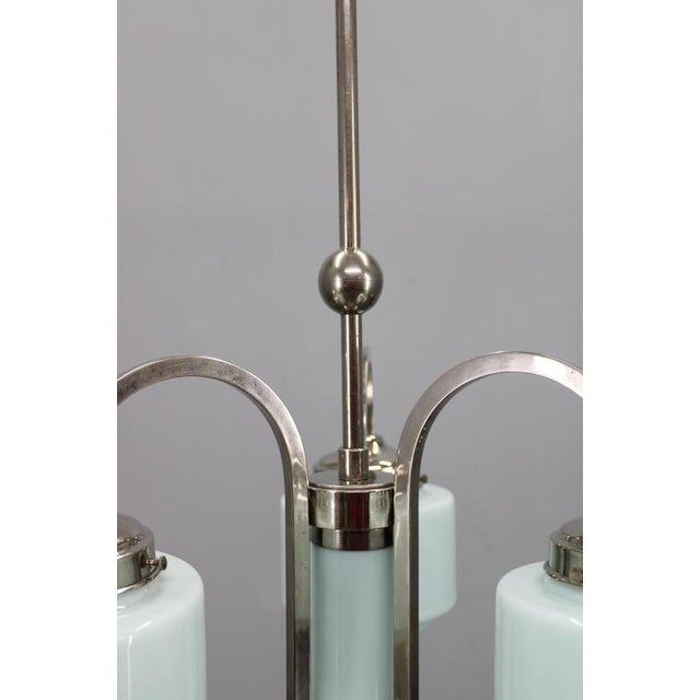 Art Deco Nickel Pendant Light with Cylindrical Light Opaline Shades, Czechoslovakia, 1930s For Sale - Image 6 of 15