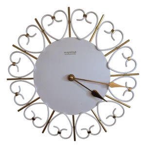 Vintage Wall Clock with White Metal Case with Brass Rays and Hands by Kienzle, 1970s