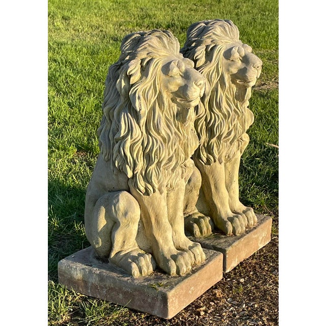 Pair of Majestic Vintage Concrete Lions on Bases For Sale - Image 10 of 15