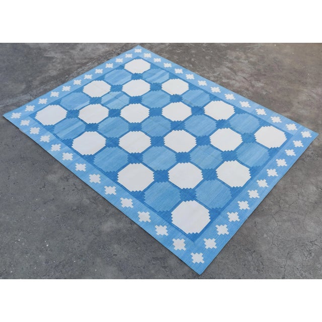 Blue Handmade Cotton Natural Vegetable Dyed Reversible Blue and White Box Pattern Vista Rug - 12'x15' For Sale - Image 8 of 11