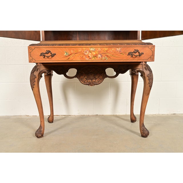 Wood Berkey & Gay Style Antique Georgian Carved Satinwood Hand Painted Bookcase or Bar Cabinet, Circa 1920s For Sale - Image 7 of 13