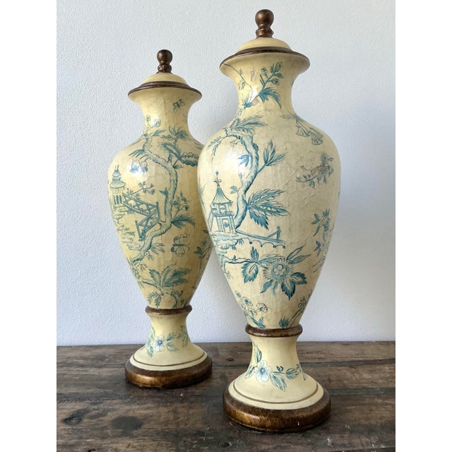 Vintage Crackle Finish Blue Willow Urns - A Pair For Sale - Image 9 of 12