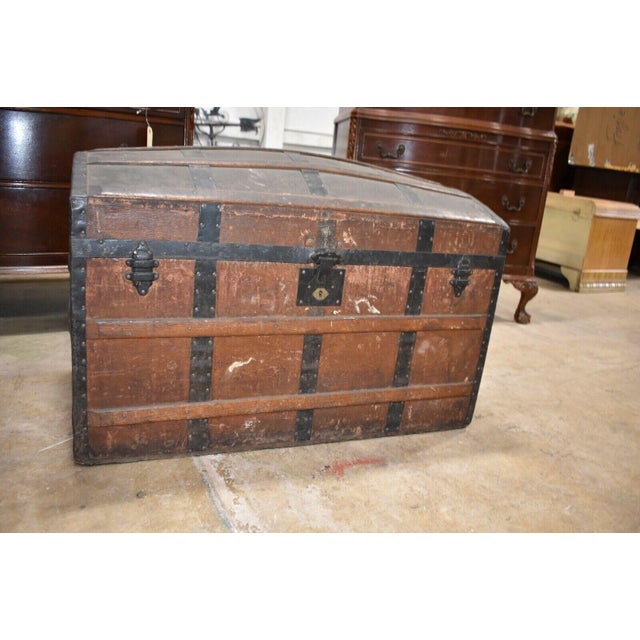Antique Primitive Oak Slat Chest Humpback Round Top Steamer Trunk