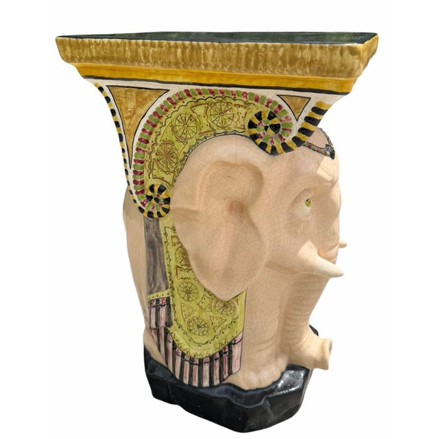 Contemporary Vintage Hand-Painted Crackle Glazed Ceramic Elephant Garden Stool, Signed Mona For Sale - Image 3 of 12